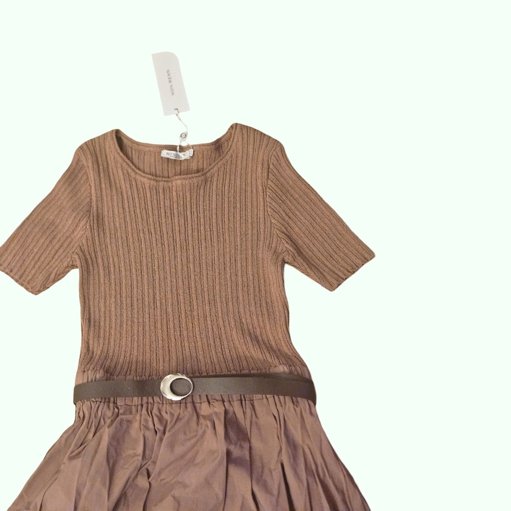 Mon Renn Eternal Knit Combo Dress Hazelnut Brown Ribbed Maxi Belted Short Sleeve - Picture 4 of 5